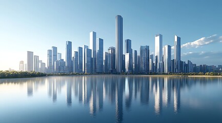 Naklejka premium Modern Skyscrapers Reflecting in Tranquil Waterfront Urban Skyline : Generative AI