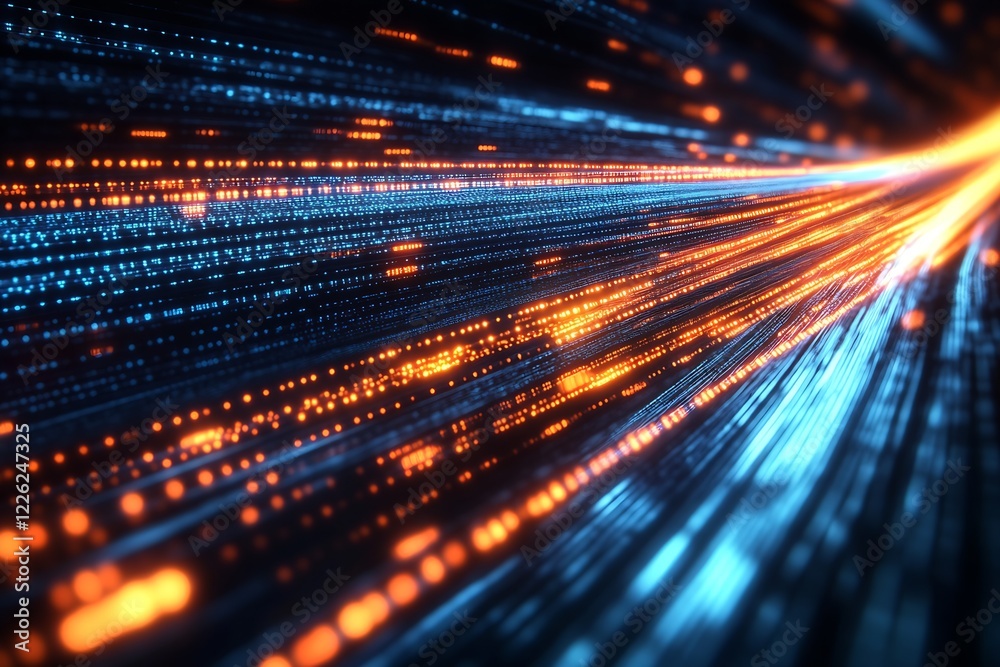 Poster vibrant digital streams in blue and orange depicting futuristic technology flow : generative ai