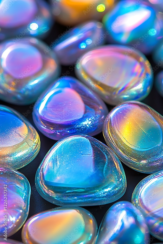 Poster shiny iridescent stones with rainbow reflection effects : generative ai