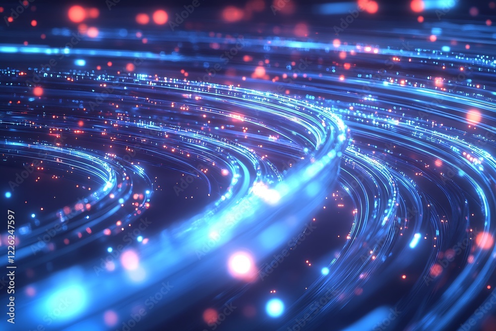 Poster dynamic flow of glowing blue fiber optic lights in abstract technology background : generative ai