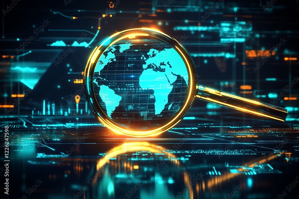 Fototapete Advanced Global Tech Interface with Magnifying Glass and Networked Earth on Digital Platform : Generative AI