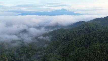 Dramatic Aerial drone view of hills with lush green trees with morning mist above with a background of rows of mountains