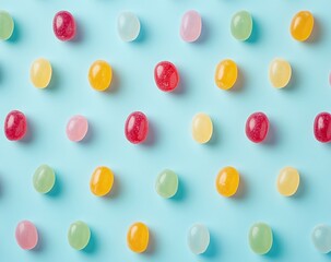 Colorful Gummy Candy Pattern on Blue Background: Sweet Treats, Delicious Texture, Vibrant Colors, Assorted Flavors, Sugar Coating, Jelly Candies