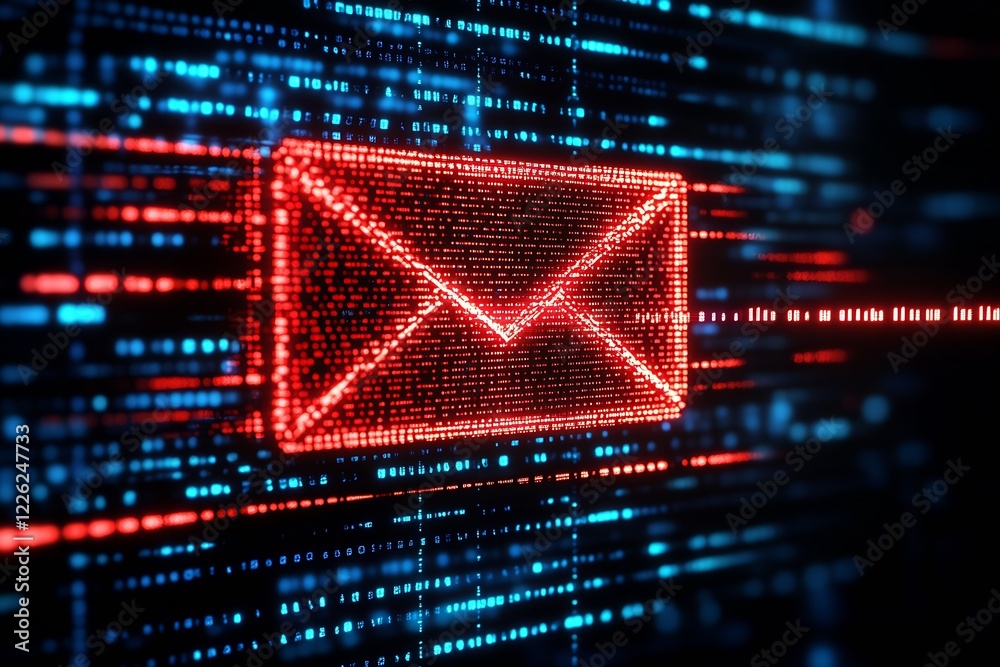 Poster virtual email symbol in neon glow amidst digital matrix for secure online correspondence : generativ