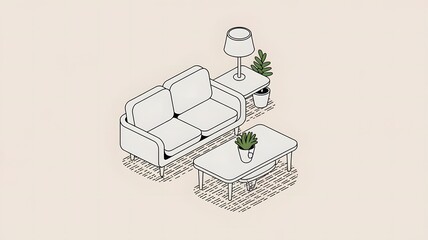A line art isometric illustration of a room with a sofa, a coffee table, a lamp, and a plant.