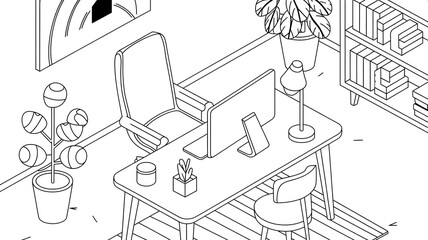 A line art isometric illustration of a modern office space.