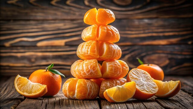 Juicy Tangerine Slices: Stacked Citrus Fruit Photography on Rustic Wood