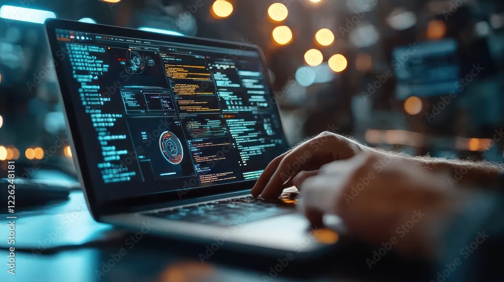 Poster programmer coding on laptop at night. (1)