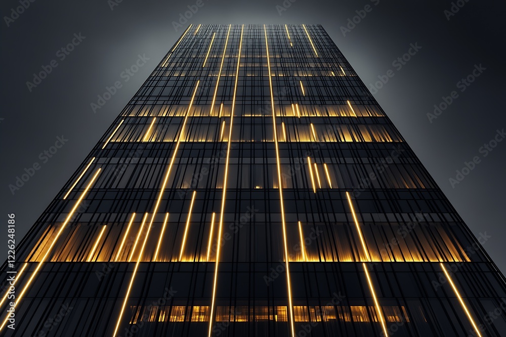 Poster tall building with illuminated yellow lines on dark night sky : generative ai