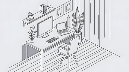 A line art isometric illustration of a modern office space.