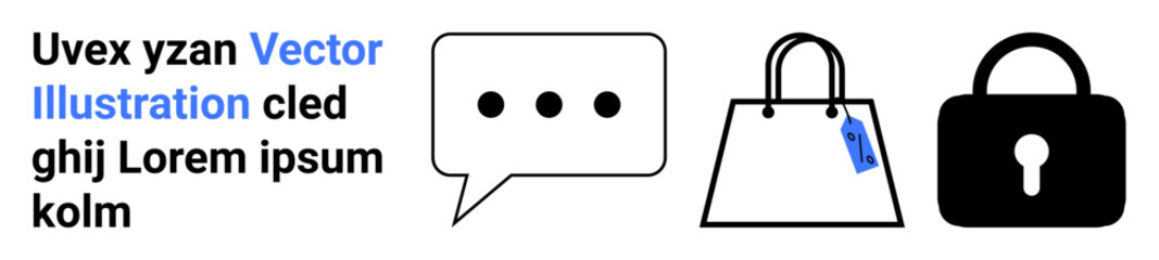 Speech bubble with dots, shopping bag with price tag, and locked padlock emphasize secure e-commerce, customer communication, and privacy. Ideal for retail, marketing, security topics, mobile apps