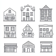 Collection of Simple Line Drawings of Various Buildings