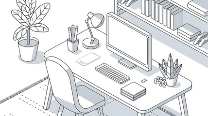 A line art isometric illustration of a workspace.