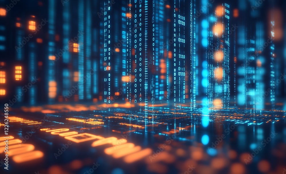 Poster Dynamic Digital Data Code in Blue and Orange Tones Depicting Hi-Tech Concepts : Generative AI