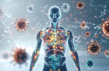 Immunity shield - abstract visualization of human immunity, portraying its role in safeguarding body against viruses, with vibrant imagery symbolizing defense, resilience, and biological protection.