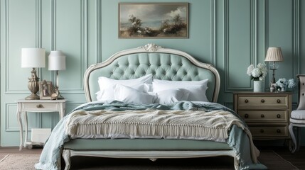 A Serene Bedroom With A Light Green Upholstered Bed, Matching Nightstands, And Elegant Lamps. The Overall Vibe Is Calming And Sophisticated.