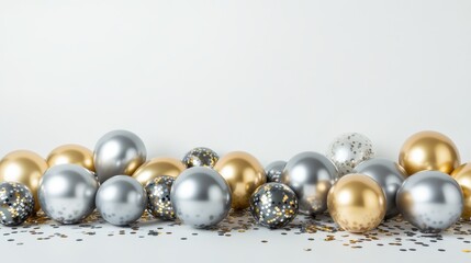 A Pile Of Metallic Gold And Silver Balloons Sits On A White Surface, Surrounded By Confetti. The Scene Is Festive And Celebratory.