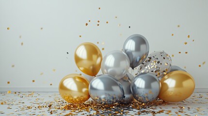 Gold And Silver Balloons With Confetti On A Floor, Celebratory Vibe.