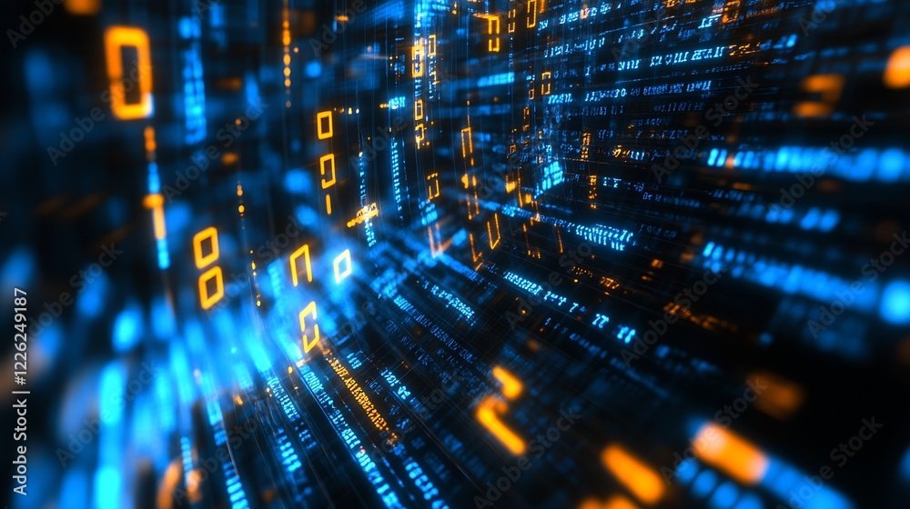Poster cutting-edge tech innovation with blue and orange digital matrix background : generative ai