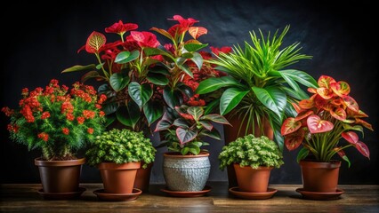 Lush Indoor Jungle: Euphorbia Milii, Begonia, Ficus Plants, Black Background, Botanical Photography