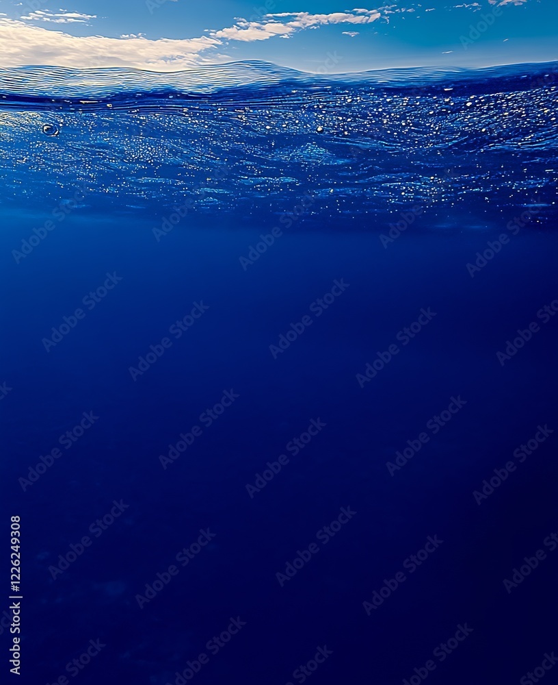 Poster Tranquil Underwater Scene with Deep Blue Ocean Surface and Sunlit Waves : Generative AI