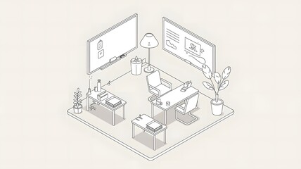 A line art isometric illustration of a modern office setting.