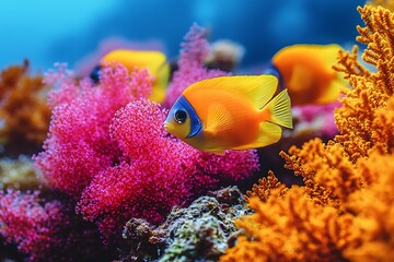 Fototapeta premium Vibrant Yellow Fish Among Colorful Coral Reef