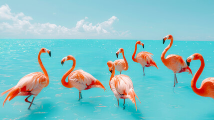 Obraz premium Pink Flamingos Gather in Tropical Paradise. Exotic Birds Wading in Azure Water. Wildlife Scene.