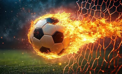 Dynamic Soccer Scene with Flaming Ball and Net in Flames
