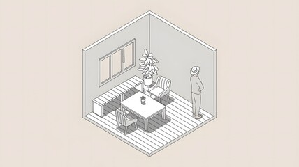 A line art isometric illustration of a room with a table, chairs, and a plant.
