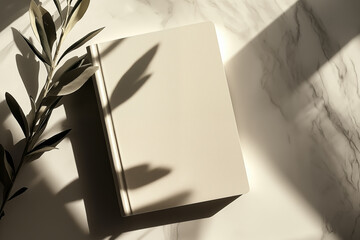 Photo of a minimalist blank journal on an elegant white table with sun rays and shadows. Top View of personal planner  Mockup paper notebook design.