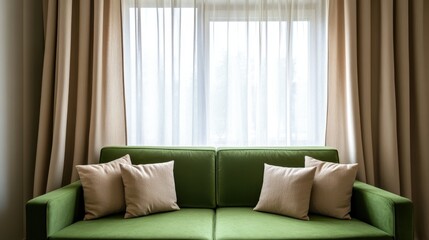 A Comfy Green Couch Sits In Front Of A Window, Dressed With Beige Curtains And Soft, Neutral Pillows. It'S A Relaxing, Homey Scene.