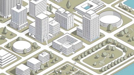A line art isometric illustration of a city with various architectural structures.
