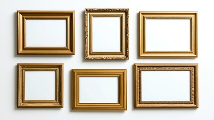 Six empty gold frames arranged on a wall, ready for artwork or photos.