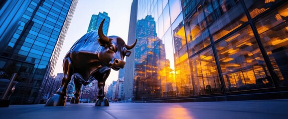 Bronze bull statue, urban backdrop, sunset glow, financial district