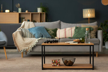 No people shot of modern living room interior with comfortable sofa decorated with pillows and blanket and coffee table with gamepads on it