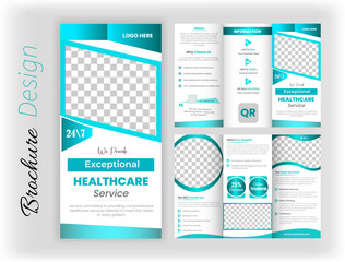 Corporate healthcare and medical trifold brochure, cover, and back page A4 design template with customizable photo background.