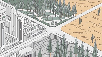 A line art isometric illustration of a scene with a futuristic city, a forest, and a desert.