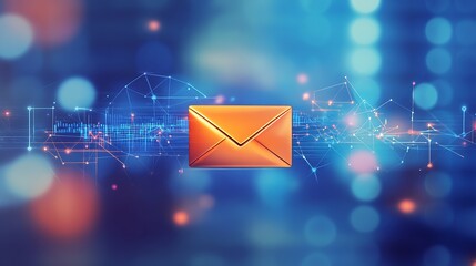 Abstract Email Symbol with Digital Connections and Blue and Orange Light Effects : Generative AI