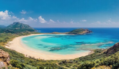 Secluded Tropical Beach View with Turquoise Waters and Lush Greenery under Sunny Sky