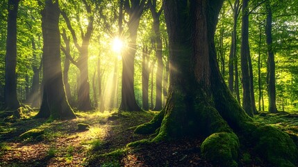 Obraz premium Majestic Sunlight Beams Through Lush Green Forest Trees Ancient Mossy Trunks Nature Photography Tranquil Serene Peaceful Woodland Scene Magical 
