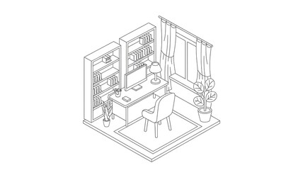 A line art isometric illustration of a room with various objects.