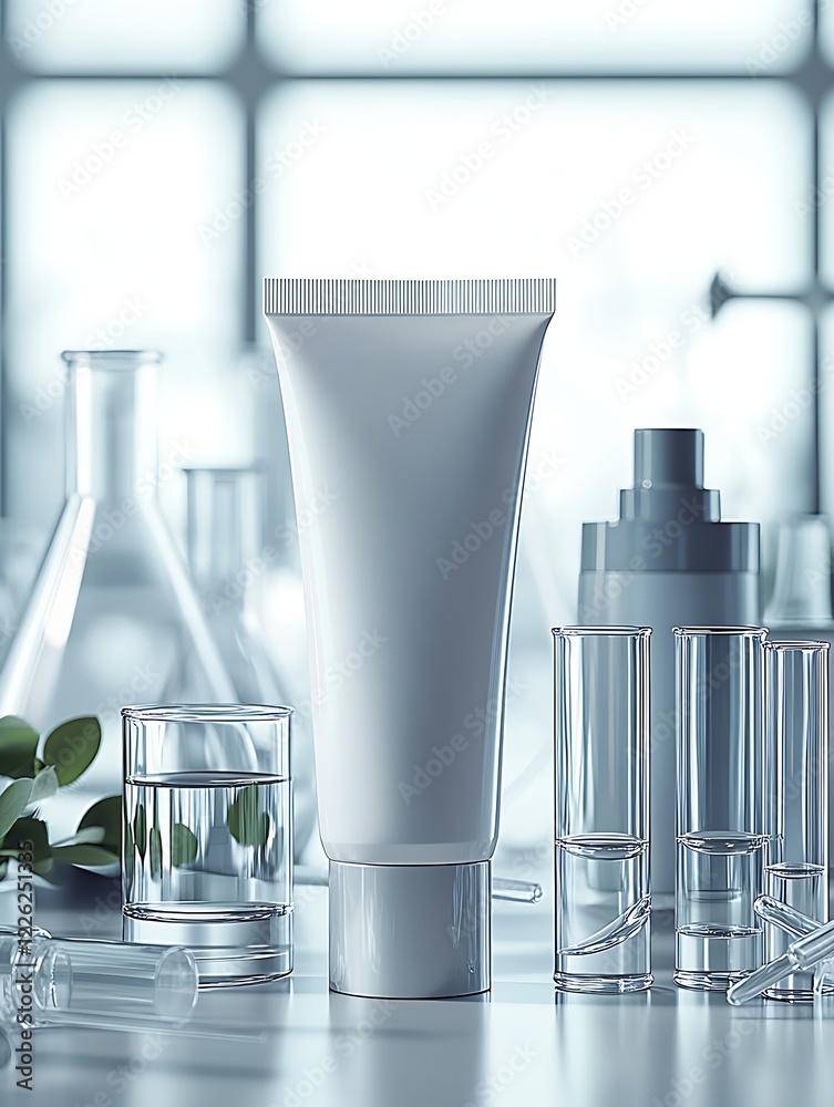 Poster skincare product tube in a clean and bright science lab with test tubes and greenery : generative ai