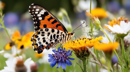 Obraz premium A vibrant butterfly perched on colorful flowers in a lush garden setting.