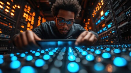 African man working in a data center with technology and servers