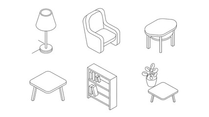 A set of line art isometric illustrations of various objects, including a lamp, a chair, a table, a 
