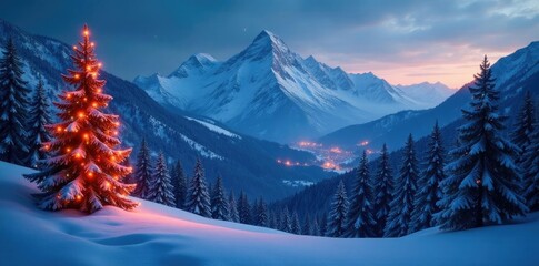 A majestic mountain backdrop of a snowy forest illuminated by Christmas lights, evergreen trees, festive