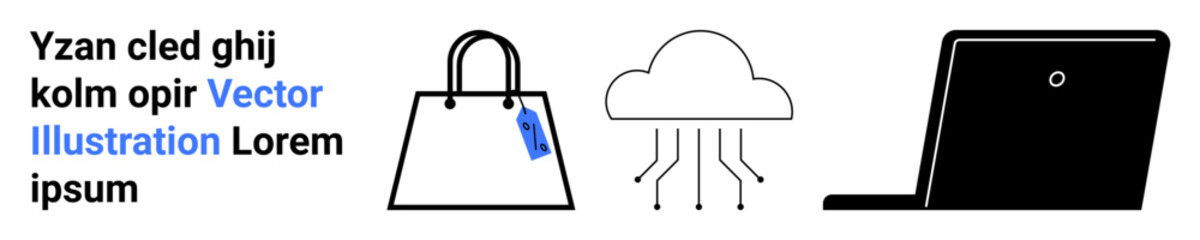 Shopping bag with tag, cloud with data lines, and laptop representing online shopping, cloud storage, digital business, e-commerce solutions, technology, and virtual commerce. Ideal for IT business