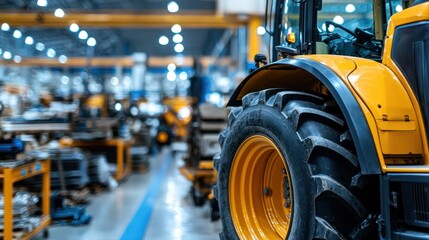A close-up of a tractor's tire in a busy industrial setting.