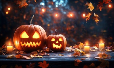 Fototapeta premium Halloween Autumn Scene with Carved Pumpkins and Candlelight on Wooden Table